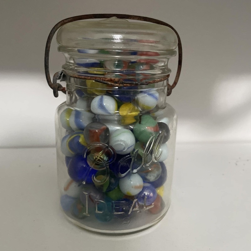 VTG Canning Ball canister glass jar Filled‎ W/ vintage antique marbles- Shooters